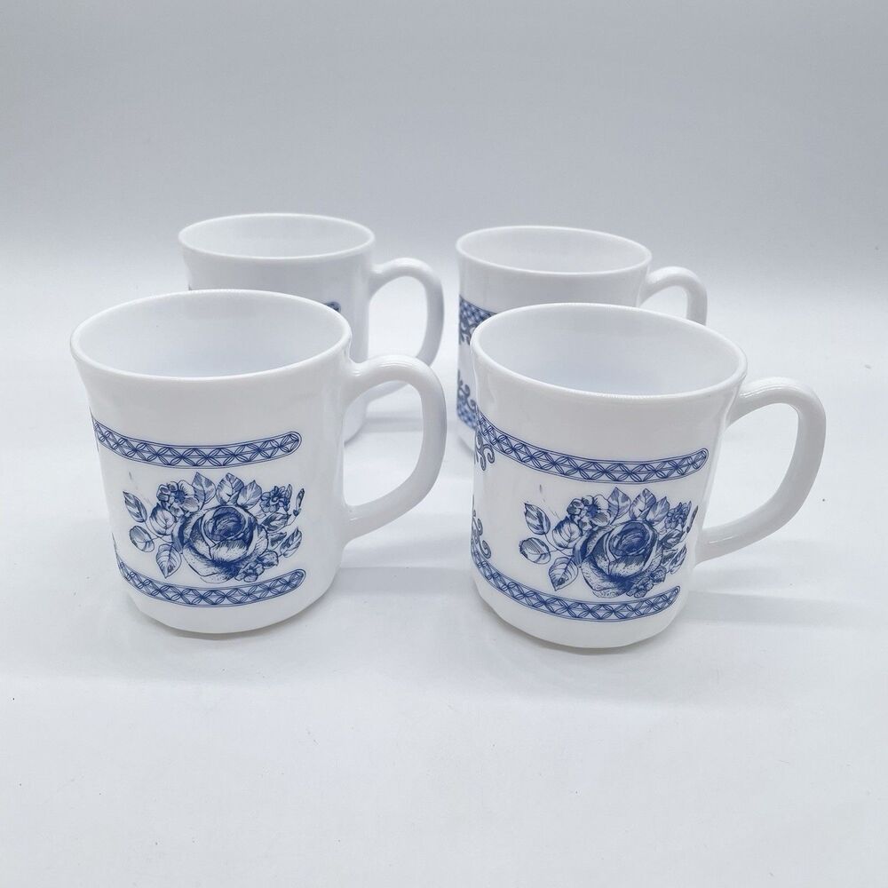 Arcopal France Honorine Blue Rose Set of 4 Coffee Mugs Vintage Milk Glass 3.5”